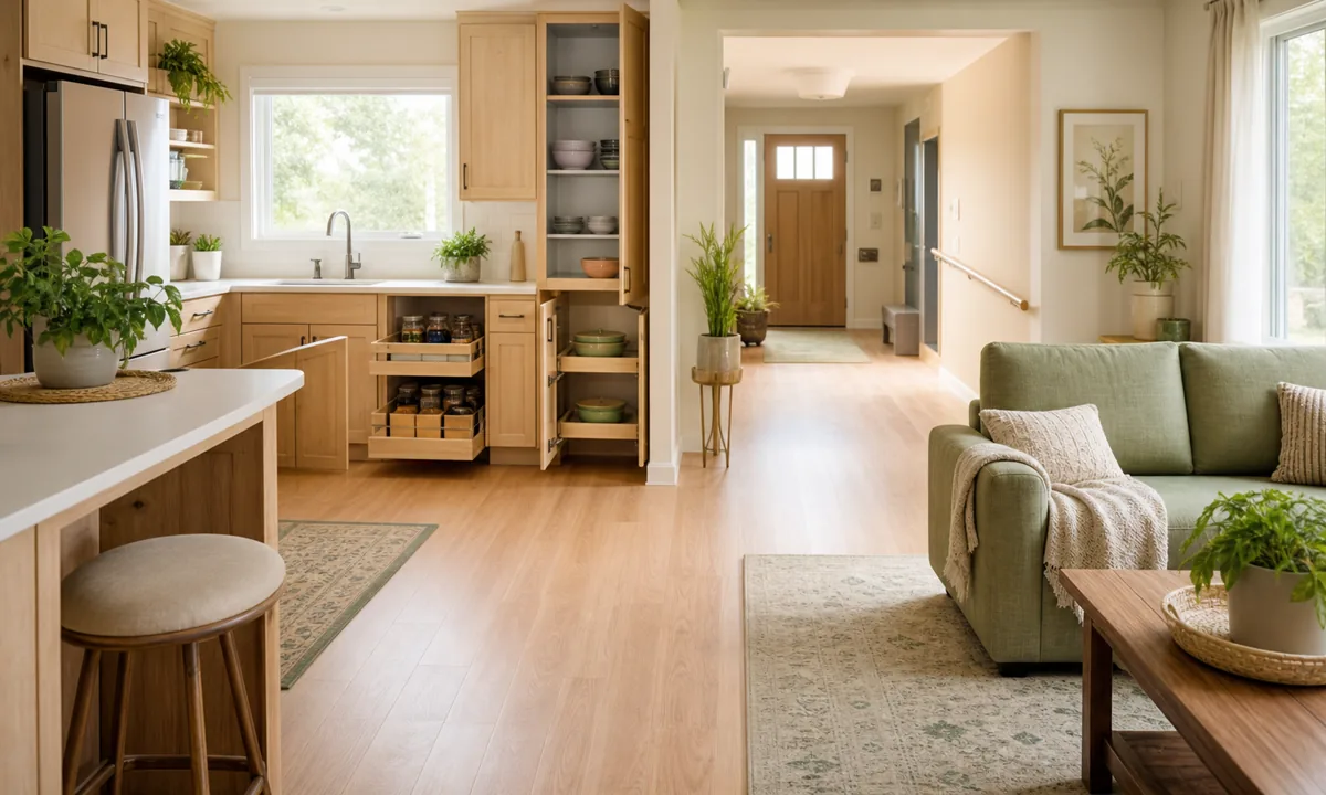 Accessible organized home with clear walking path, well-lit easy-reach shelves, pull-out storage, light containers, and stable furniture