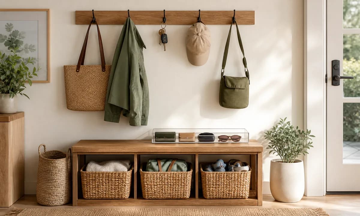 Calm ADHD-friendly entry and work zone with open baskets, hooks, a visible launch pad, and broad labels