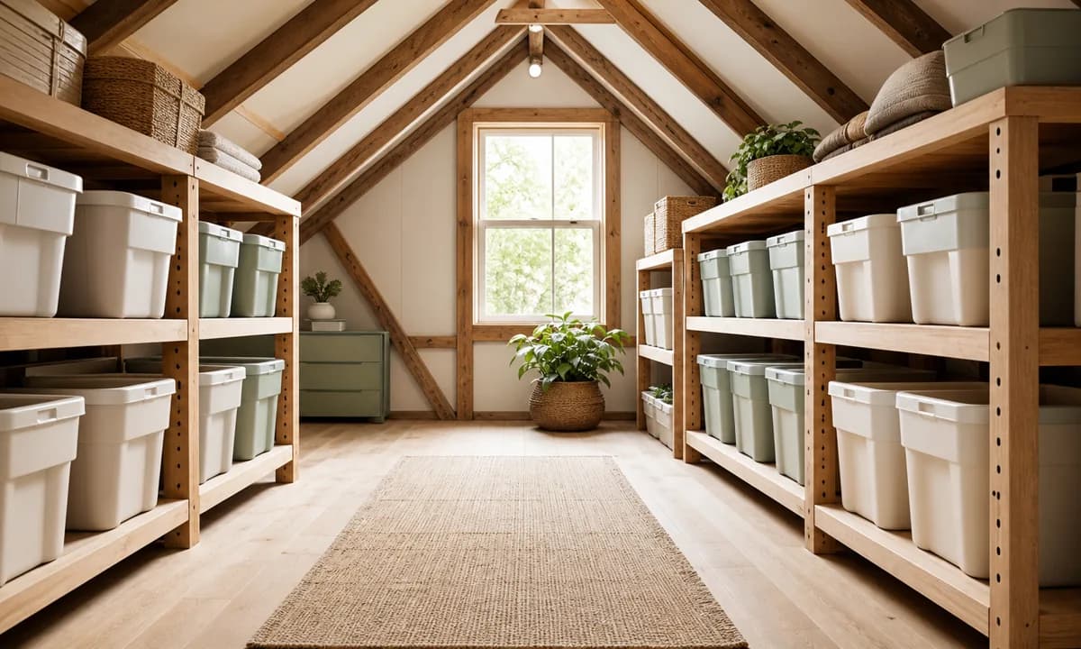 Safe selective attic storage with light labeled bins on approved shelving, visible structure, clear access path, and no fragile archives
