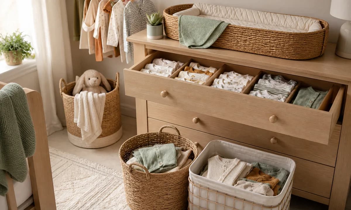 Baby clothing system with divided current-size drawers, a next-size basket, breathable labeled hand-me-down bins, and calendar reminder