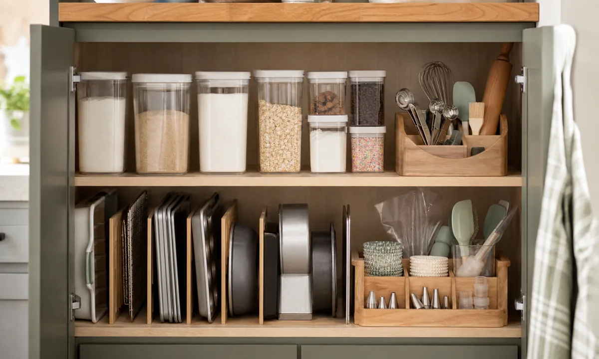 Organized baking cabinet with sealed ingredients, measuring caddy, vertically filed pans, and divided decorating-tool case