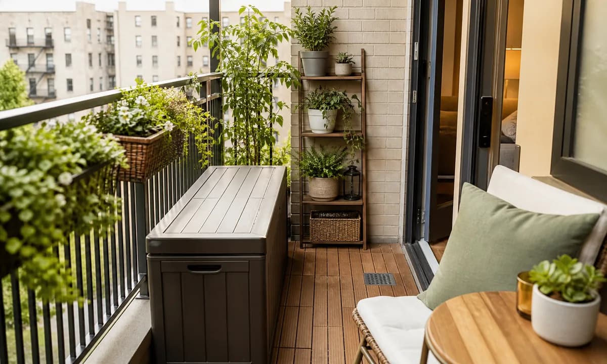 Small apartment balcony with one outdoor-rated storage bench, narrow plant shelf, clear drain, open door path, and calm seating