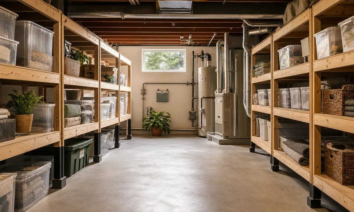 Dry organized basement with raised shelving, clear latching bins, open inspection gaps, and unobstructed utilities