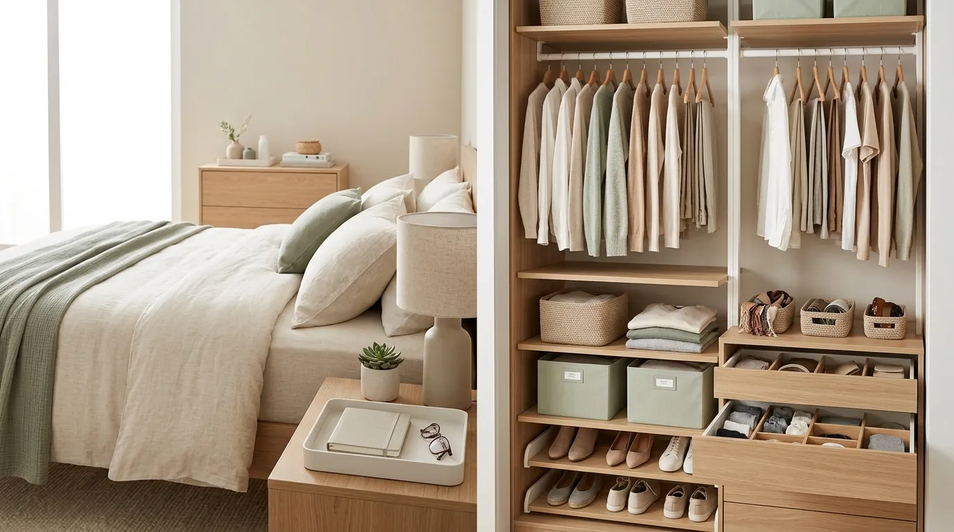 Serene organized bedroom with tidy nightstands, organized closet, and clear surfaces