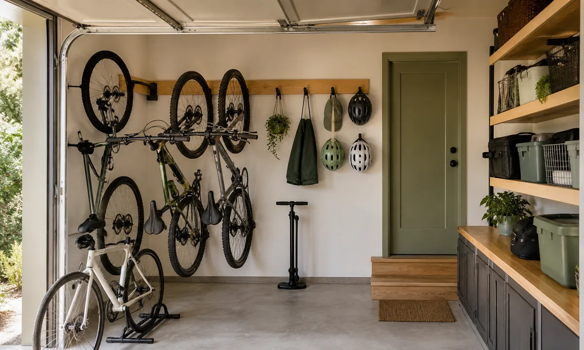 Small garage with securely stored bicycles on accessible racks, helmet hooks, pump station, and clear vehicle walkway