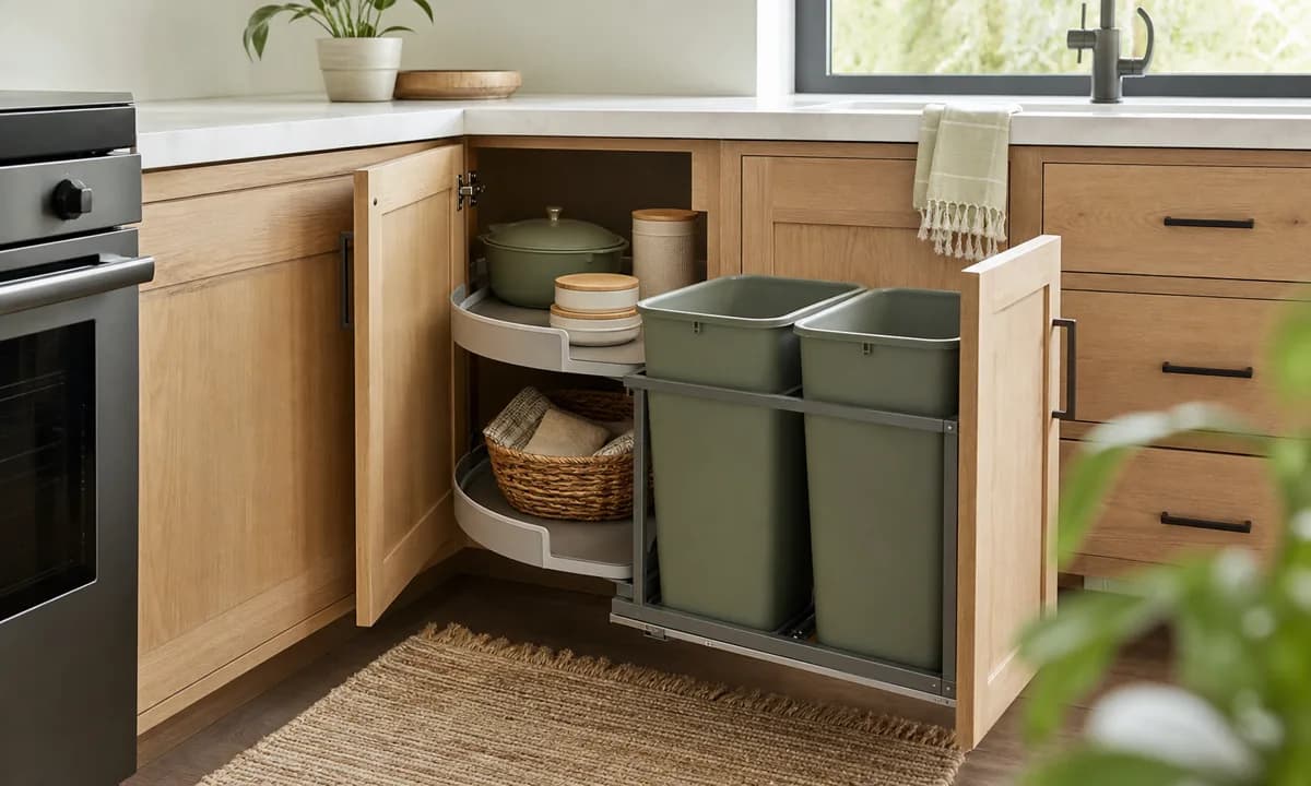 Open blind corner kitchen cabinet with accessible front zone, long handled bins, a fitted turntable, and clear retrieval path