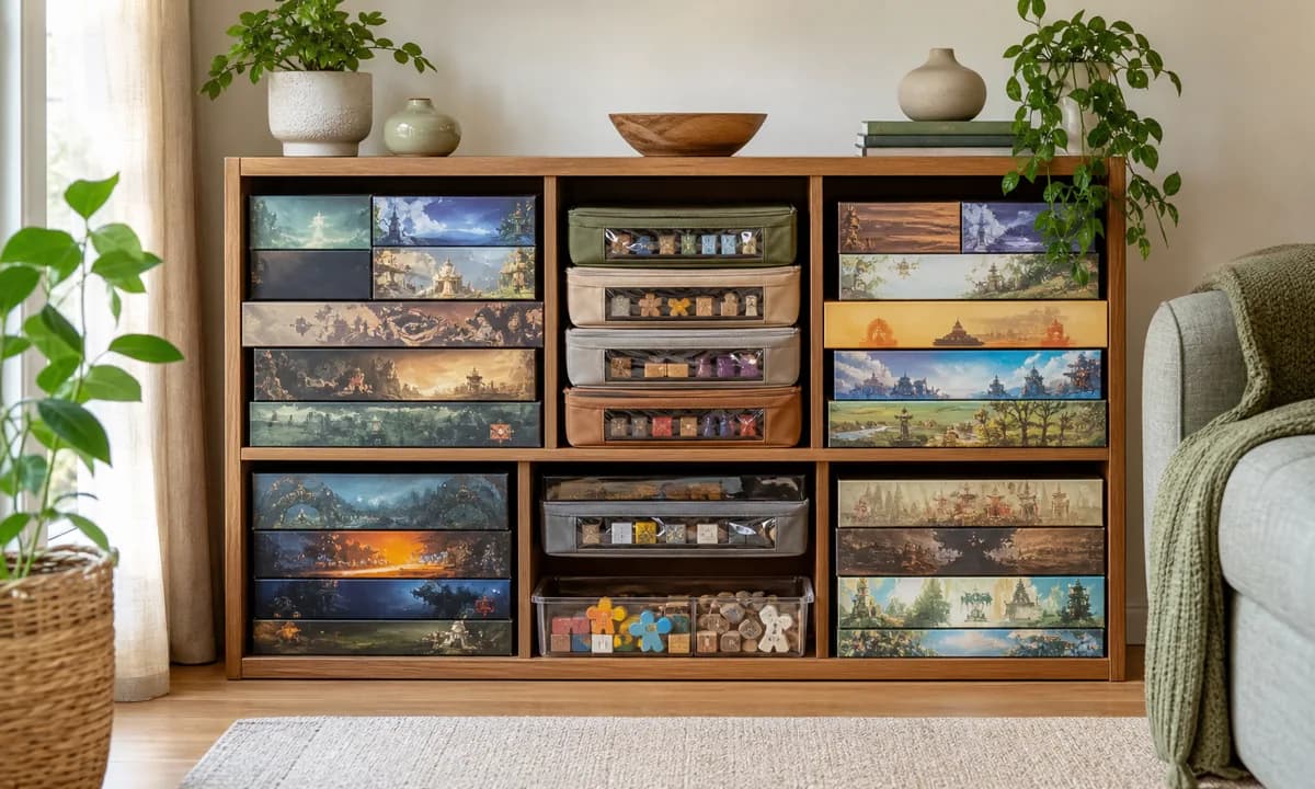 Organized board game shelf with supported vertical boxes, labeled component pouches, puzzles, and a small found-piece tray