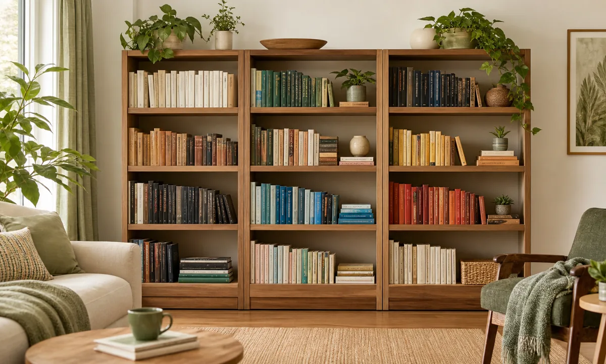 Warm organized bookshelf grouped by genre with supported upright books, a few horizontal volumes, and calm open space