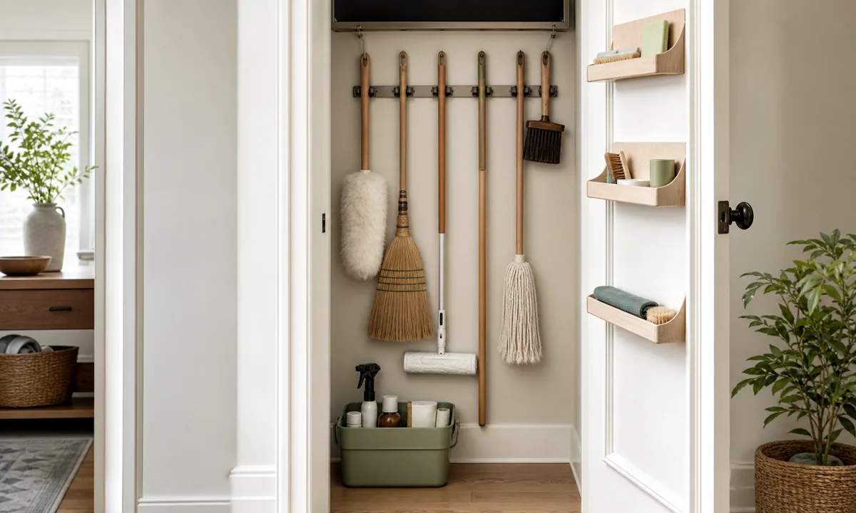 Organized narrow utility closet with wall-mounted brooms, a cleaning caddy, labeled trays, and clear floor access