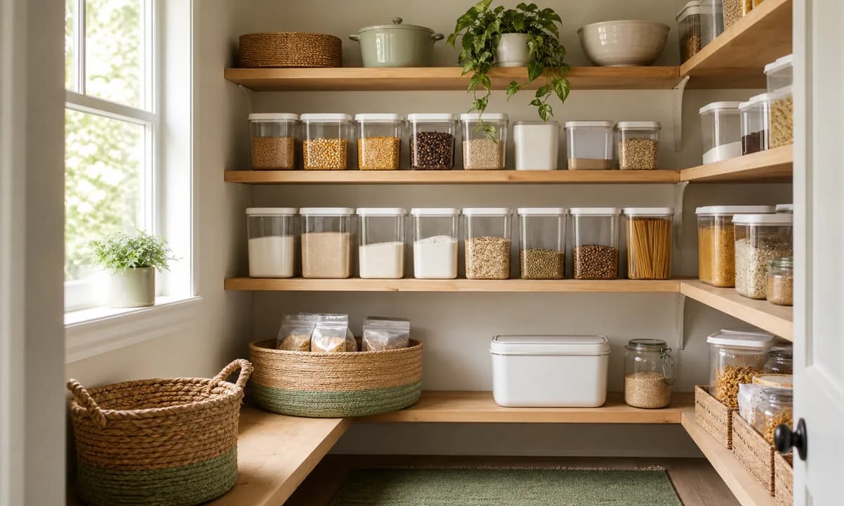 Small pantry with sealed staple containers, original package details, one refill basket, and visible open shelf space