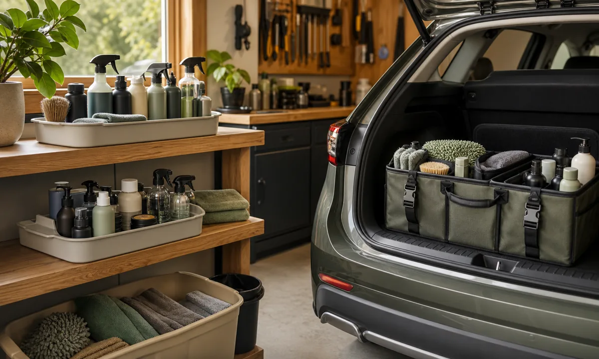 Organized garage car-care shelf with original bottles in trays plus a compact secured trunk kit and separated soft goods