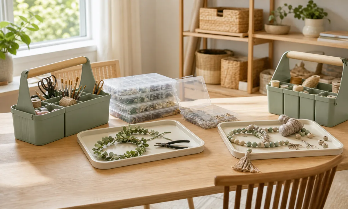 Organized family craft station with portable caddies, clear divided boxes, shallow project trays, and uncluttered work surface