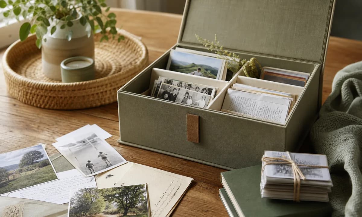 Thoughtful keepsake sorting with a photo-safe memory box, family photographs, handwritten notes, and open space