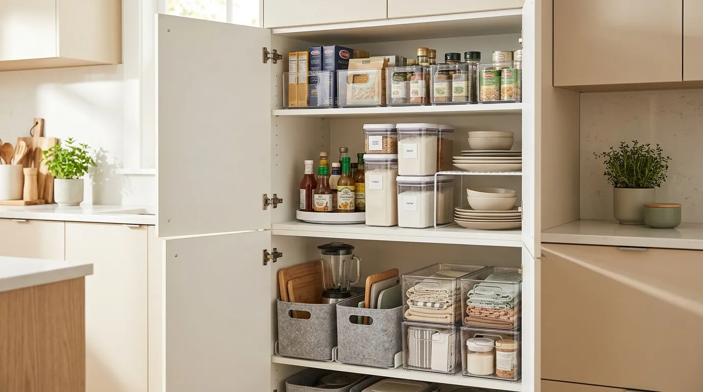 Deep kitchen cabinet organized with pull-out bins, shelf risers, and lazy susan turntable