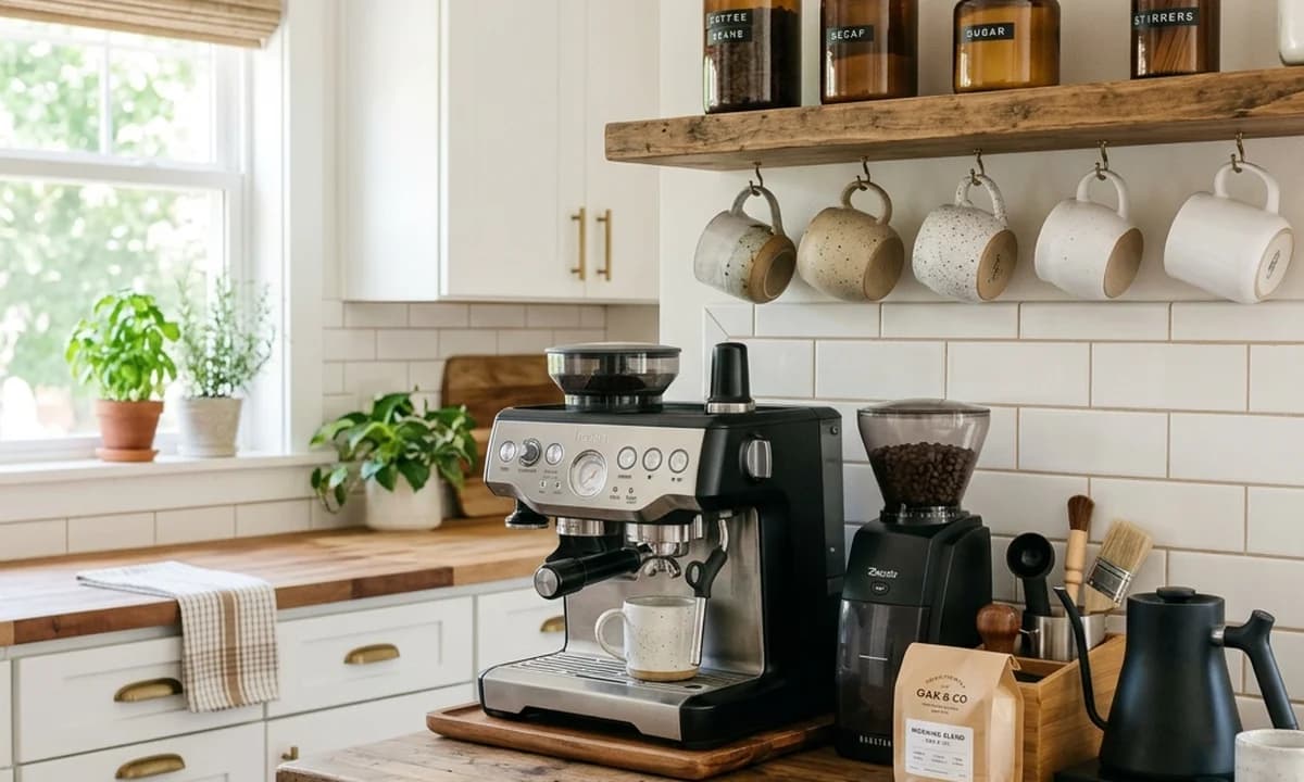 Organized kitchen coffee station with coffee maker on wooden tray, mugs hanging on wall rack, and ingredients in glass jars