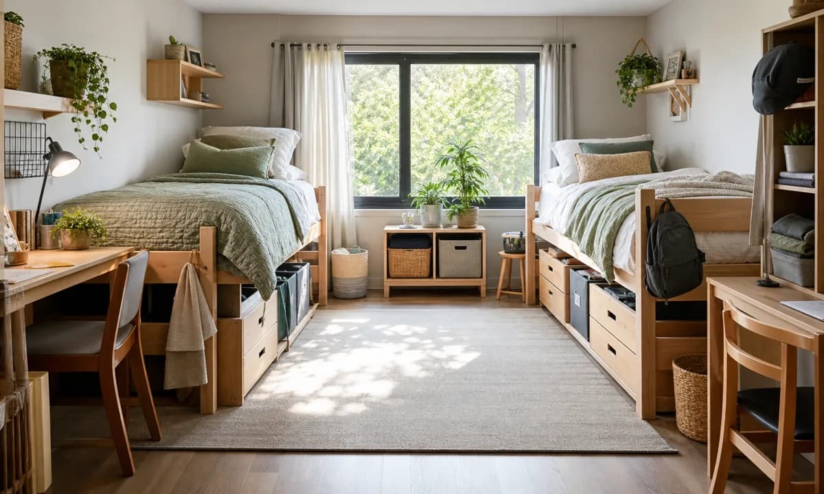 Organized shared dorm room with distinct roommate zones, reversible vertical storage, clear desk, under-bed drawers, and open exit