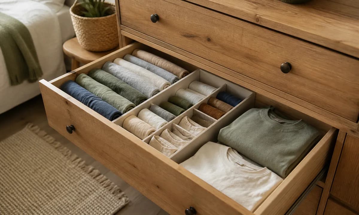 Open dresser drawers with file-folded shirts, divided small garments, visible categories, and comfortable open space