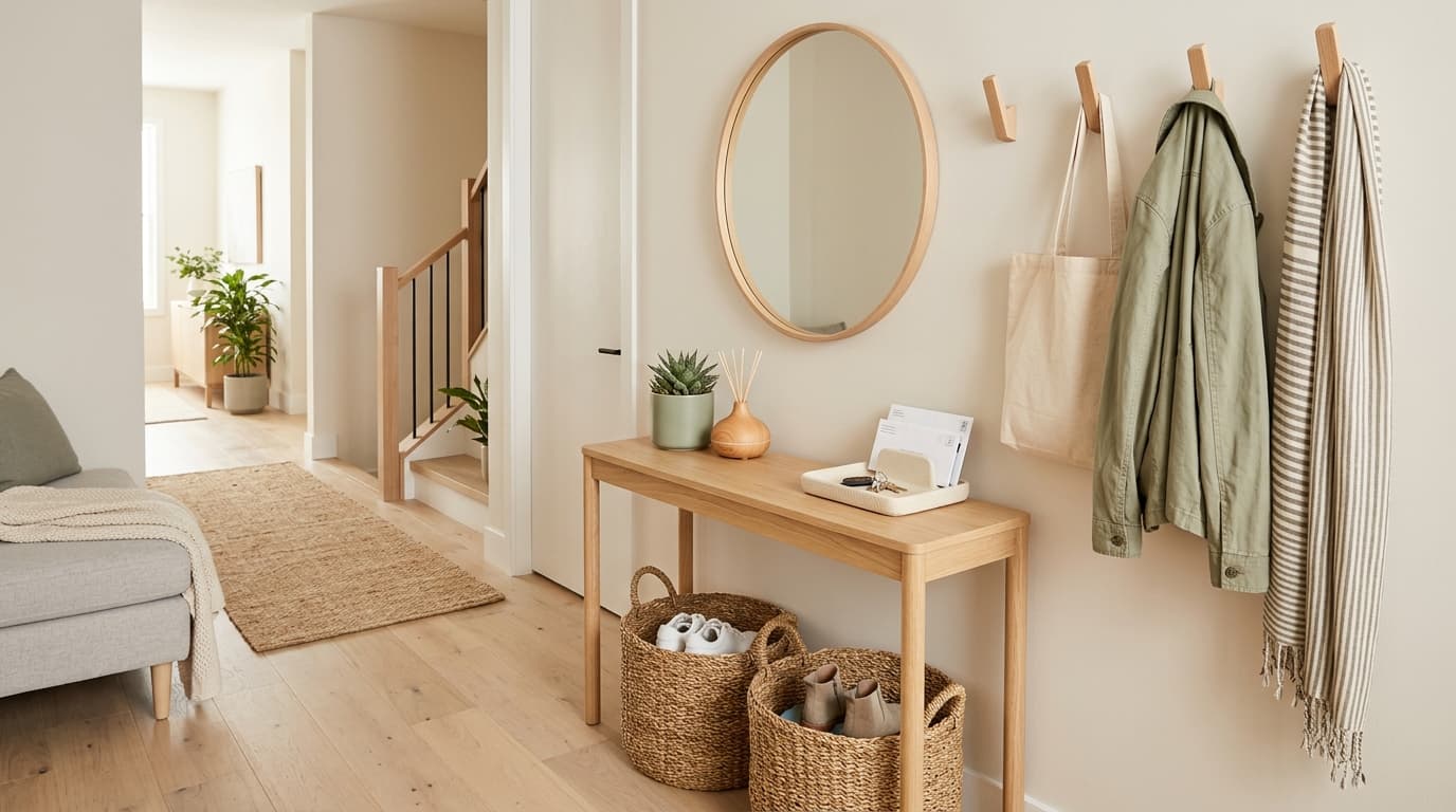 Organized entryway with hooks, bench with storage, and small shelves near front door