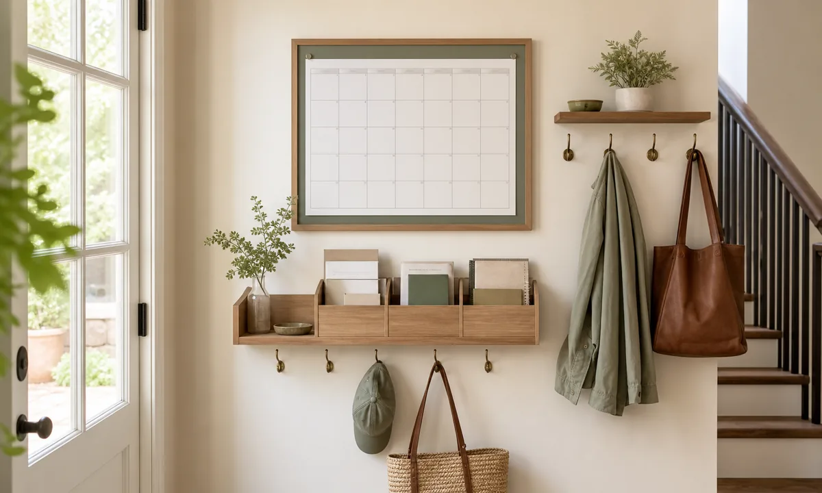 Compact family command center with one calendar, shallow action pockets, key hooks, bag storage, and uncluttered wall space