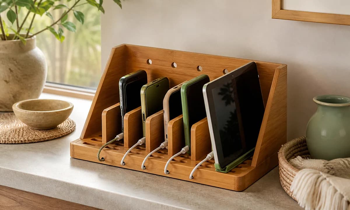 Open family charging station with assigned phone and tablet slots, short visible cables, ventilated shelf, and clear walkway
