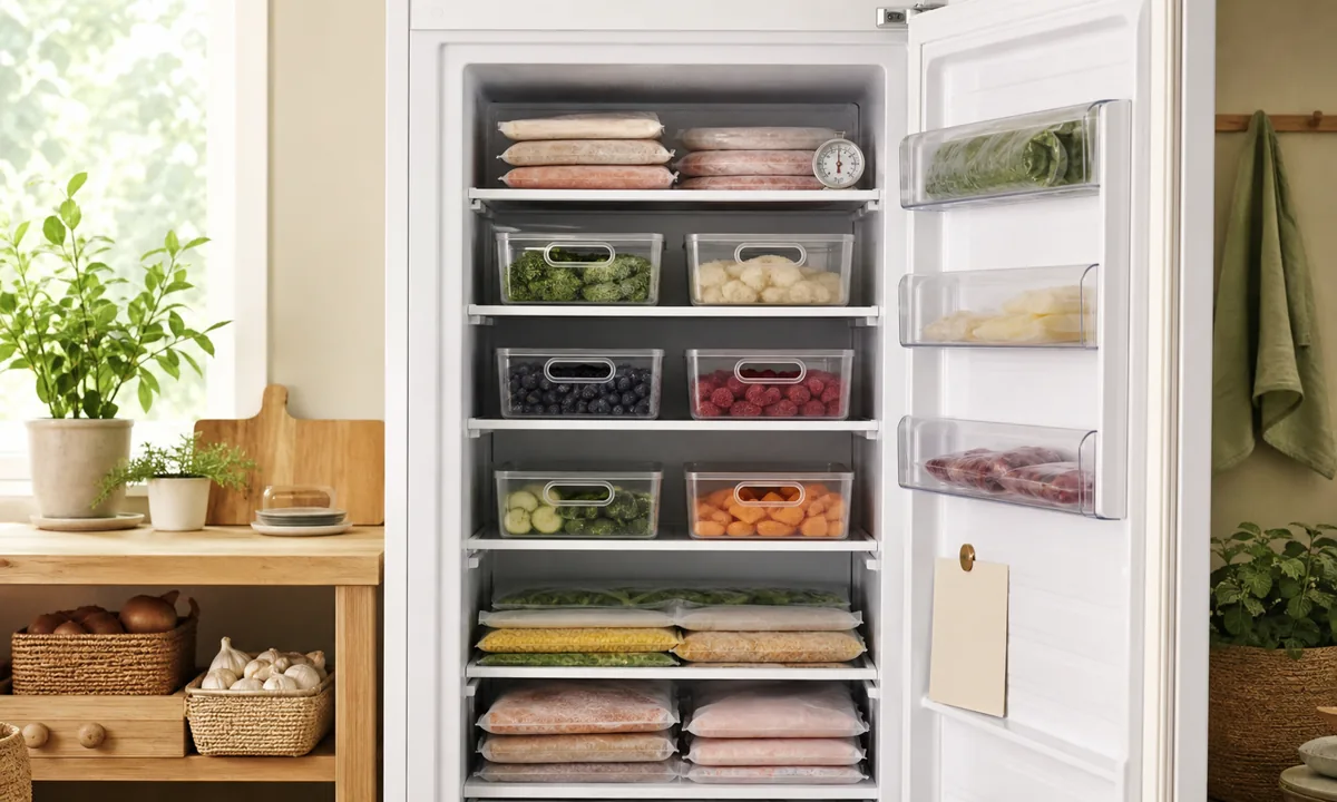 Organized upright freezer with broad food zones, flat labeled packages, handled bins, thermometer, and simple inventory card