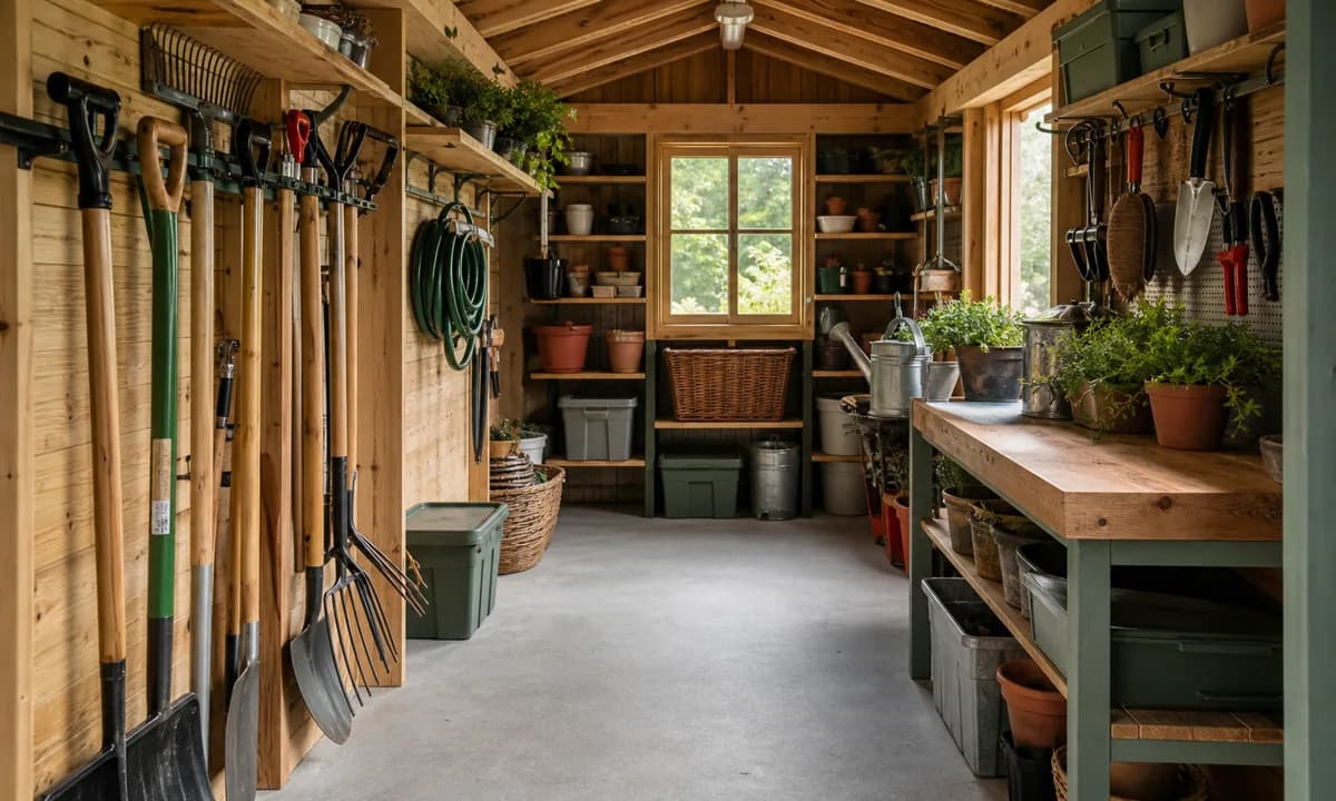 Organized garden shed with secure wall tools, raised shelves, potting bench, clear center aisle, and controlled product cabinet