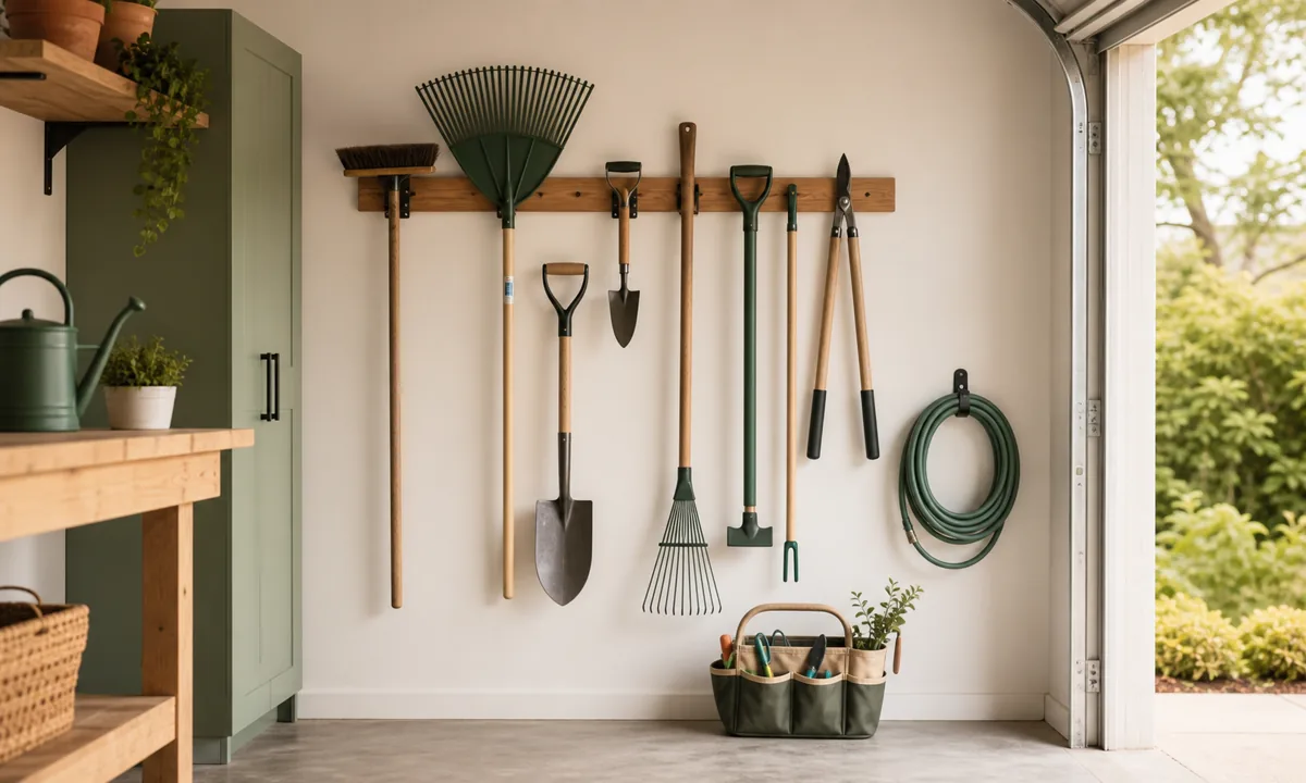 Garage wall with securely mounted garden tools, guarded edges, portable hand-tool caddy, and clear walkway