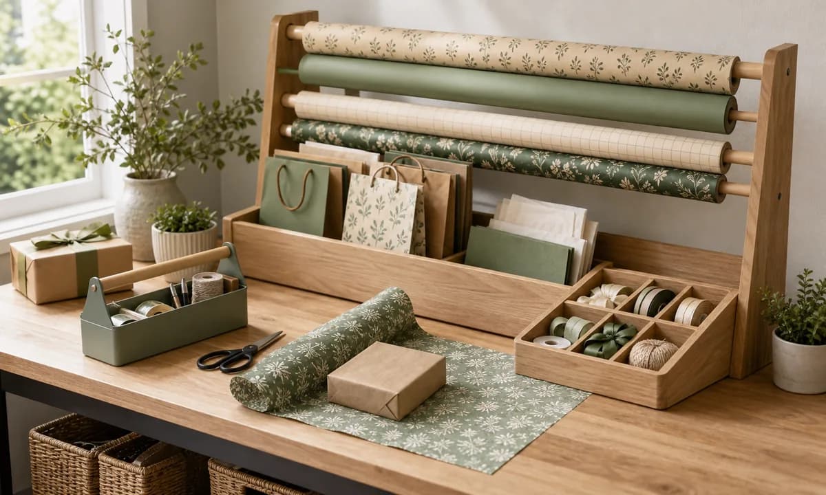 Compact gift-wrap station with supported paper rolls, filed bags, divided ribbon box, portable tool tray, and open work surface