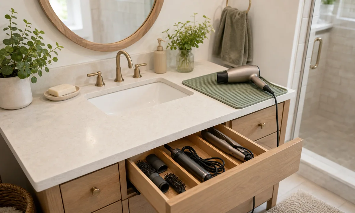 Small bathroom vanity with a heat-safe cooling mat, divided drawer for hair tools, loose cords, and clear dry counter