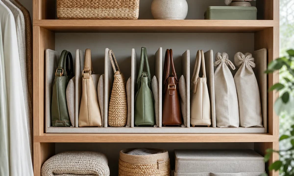 Closet shelf with upright handbags separated by clear dividers, relaxed straps, and breathable dust bags