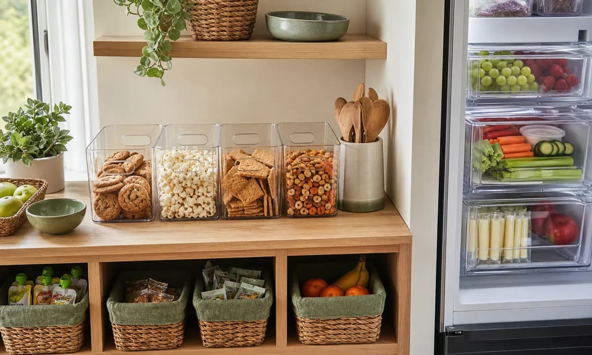 Family snack station with broad pantry bins, clear refrigerator drawer, modest refill basket, and visible package information