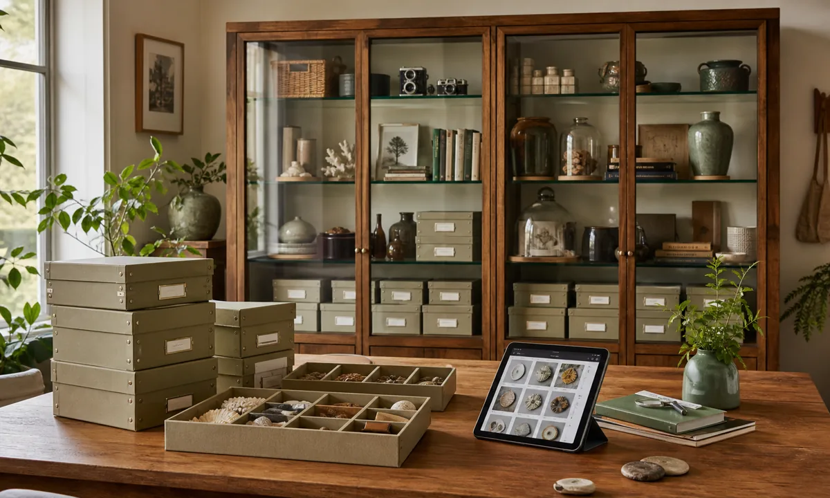 Curated hobby collection with spacious display cabinet, numbered archival boxes, catalog tablet, and carefully supported objects