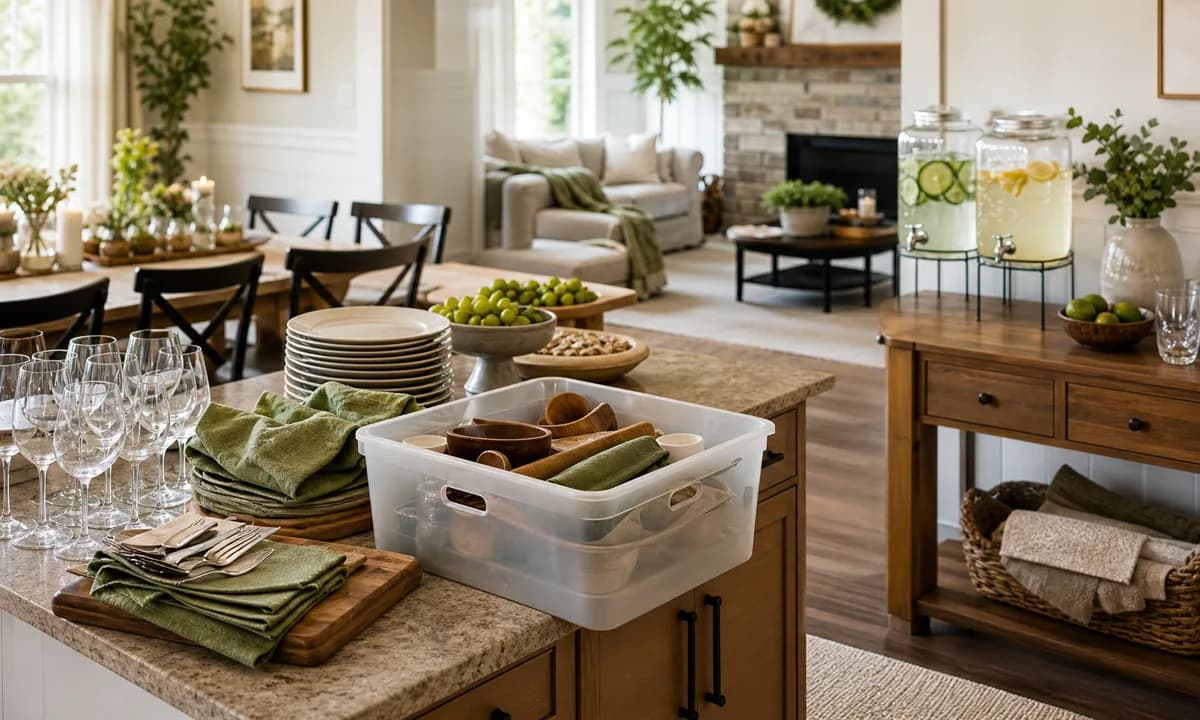 Organized holiday hosting prep with serving inventory, portable hosting bin, beverage station, clear surfaces, and guest flow