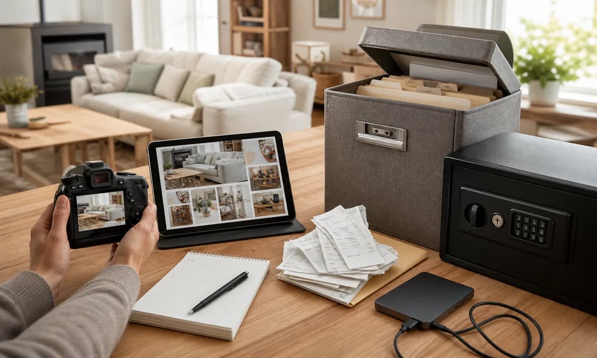 Home inventory process with room overview photos, serial-number records, receipts, secure digital archive, and fireproof file box