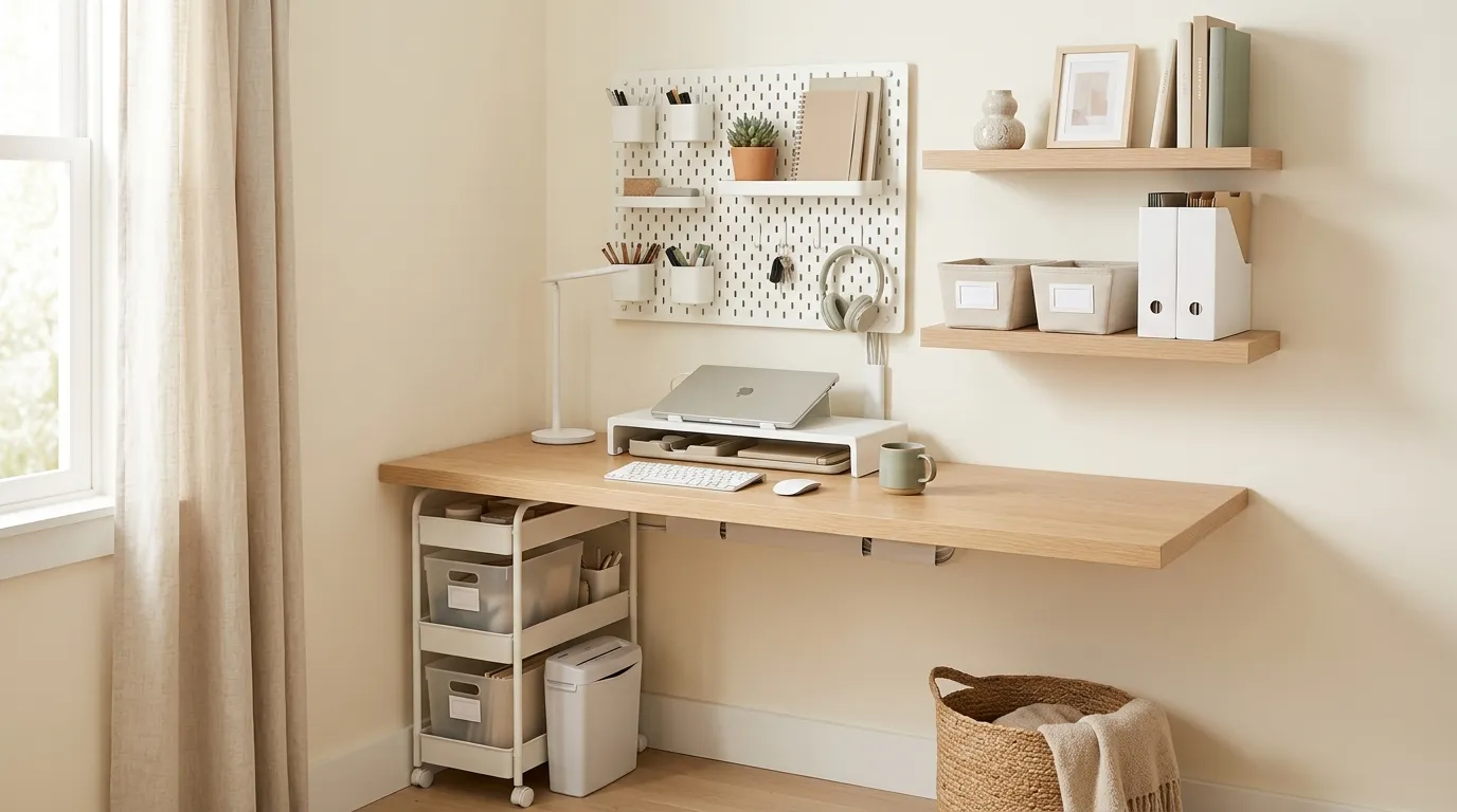 A clean, minimalist home office setup with a clear desk and vertical shelving
