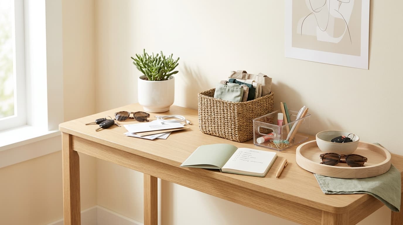 Step-by-step home organization setup with labeled bins and tidy shelves