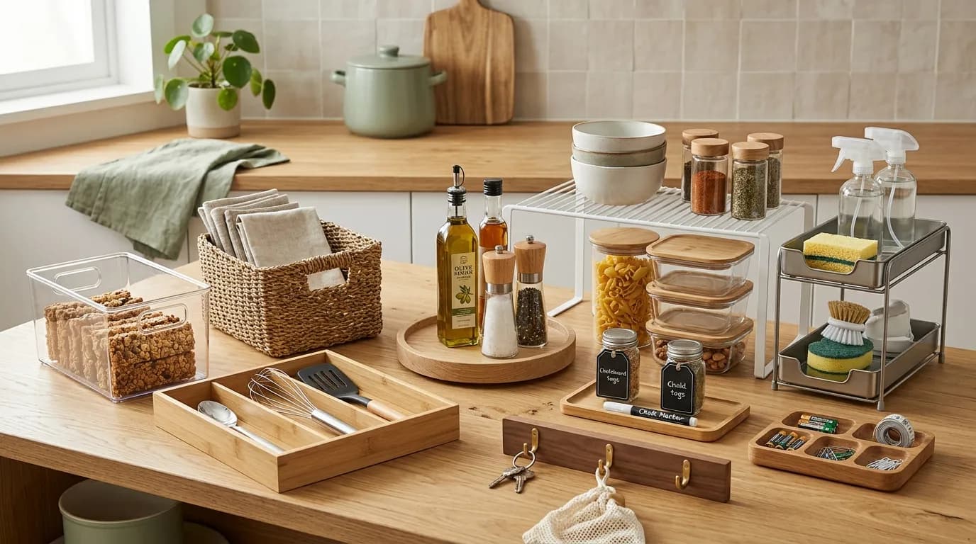 Flat lay of essential home organization products including bins, labels, and drawer dividers