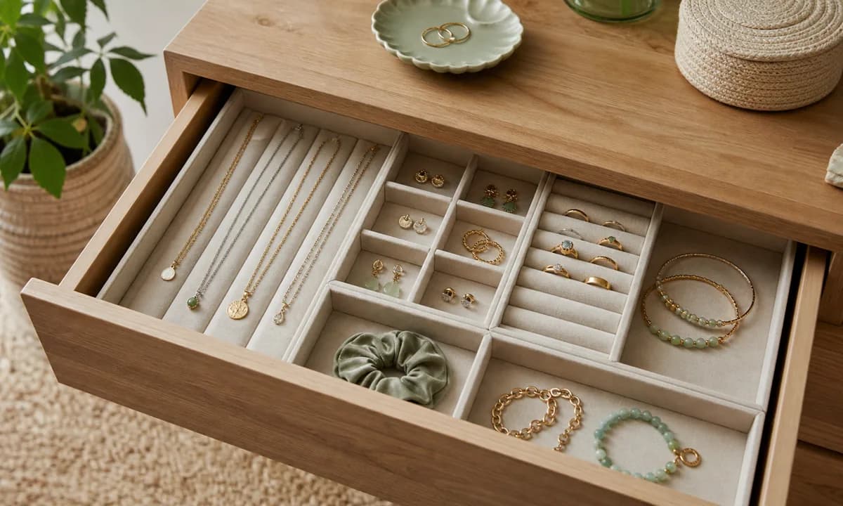 Elegant organized jewelry drawer with individual necklace channels, paired earrings, ring slots, and a small daily tray