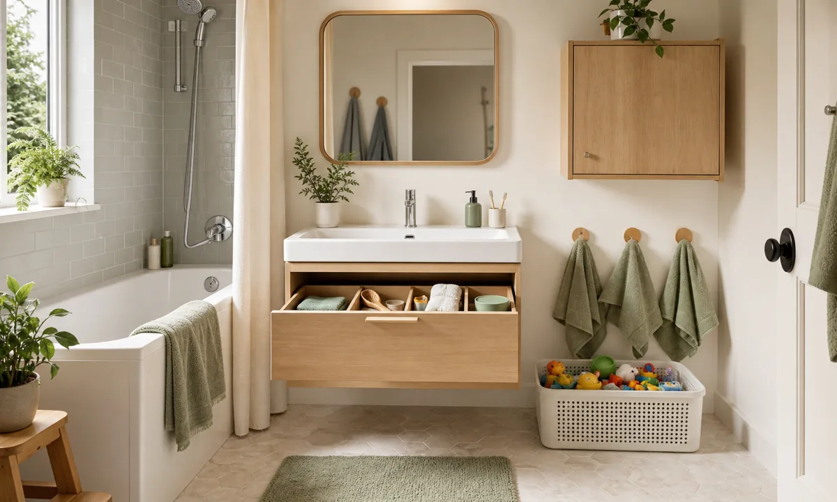 Child-friendly bathroom with reachable daily drawer, low towel hooks, draining toy bin, clear floor, and locked adult cabinet