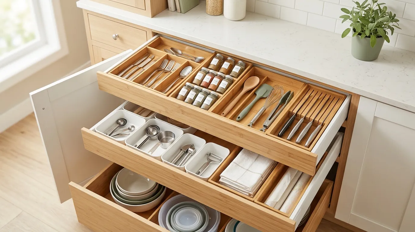 Neatly organized kitchen utensil drawer with adjustable dividers and sorted categories