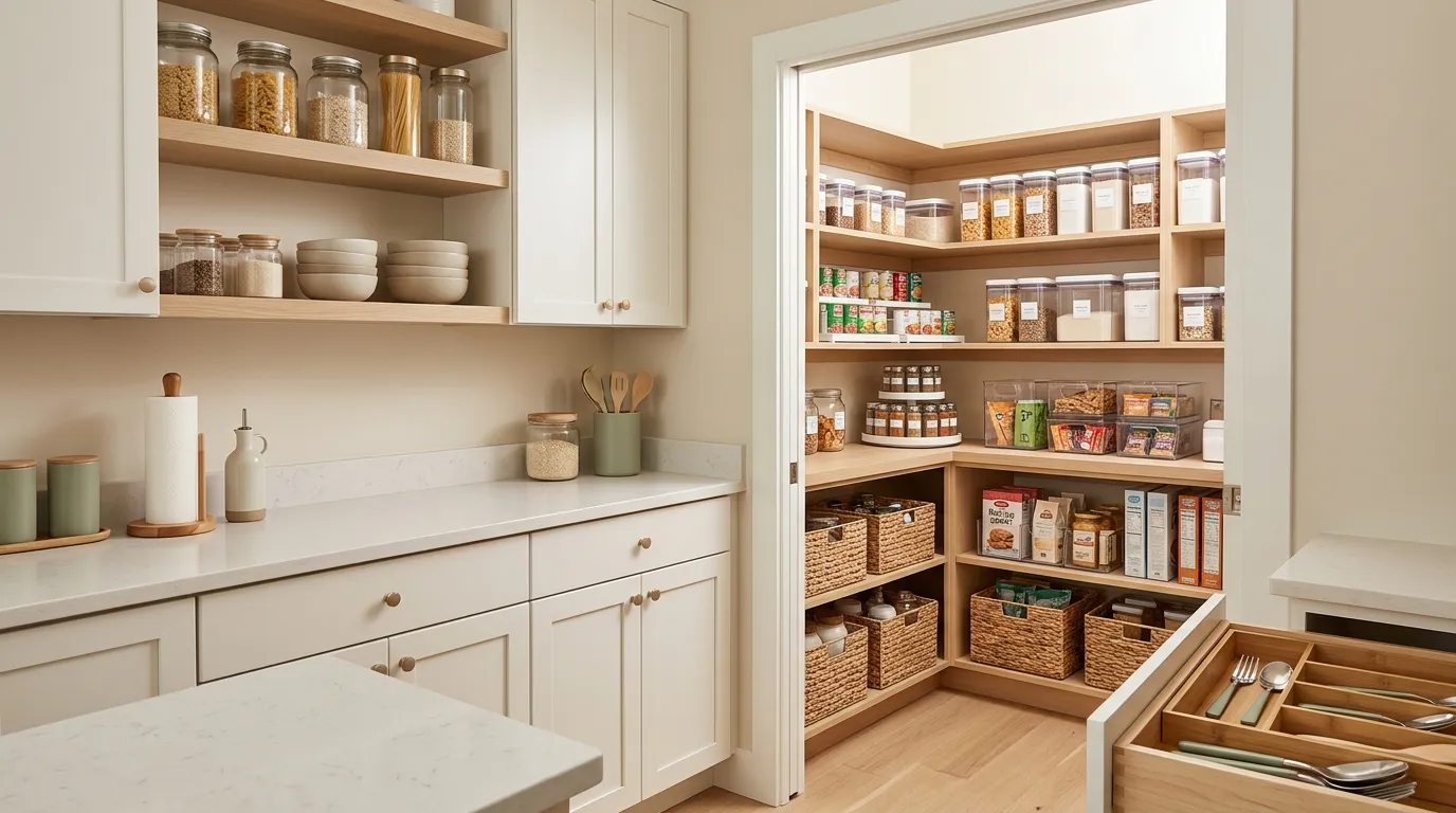 Beautifully organized kitchen with labeled pantry shelves, clear containers, and tidy counters