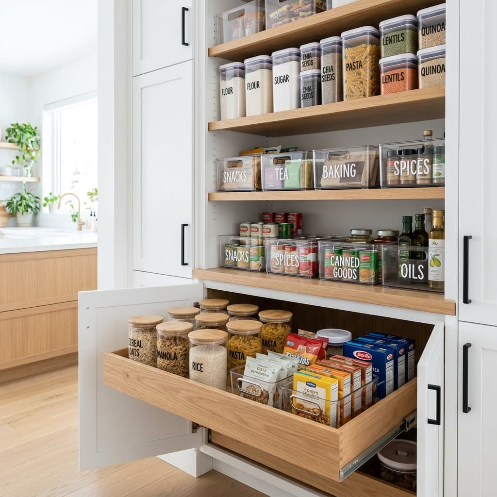 Well-organized kitchen pantry with labeled bins and clear containers