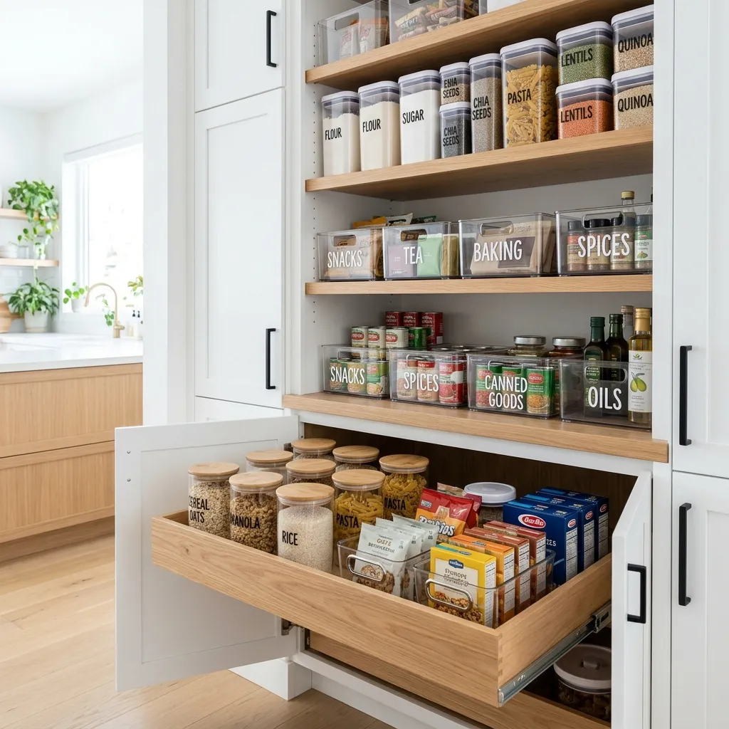 Well-organized kitchen pantry with labeled bins and clear containers