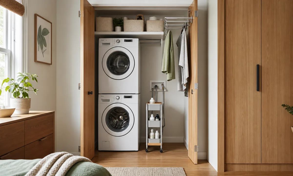 Tiny organized laundry closet with clear appliance access, slim rolling cart, upper bins, retractable drying rail, and no clutter