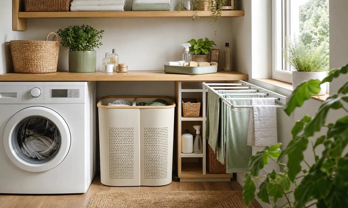 Compact laundry sorting station with a slim divided hamper, stain-care tray, drying rail, and clear folding surface