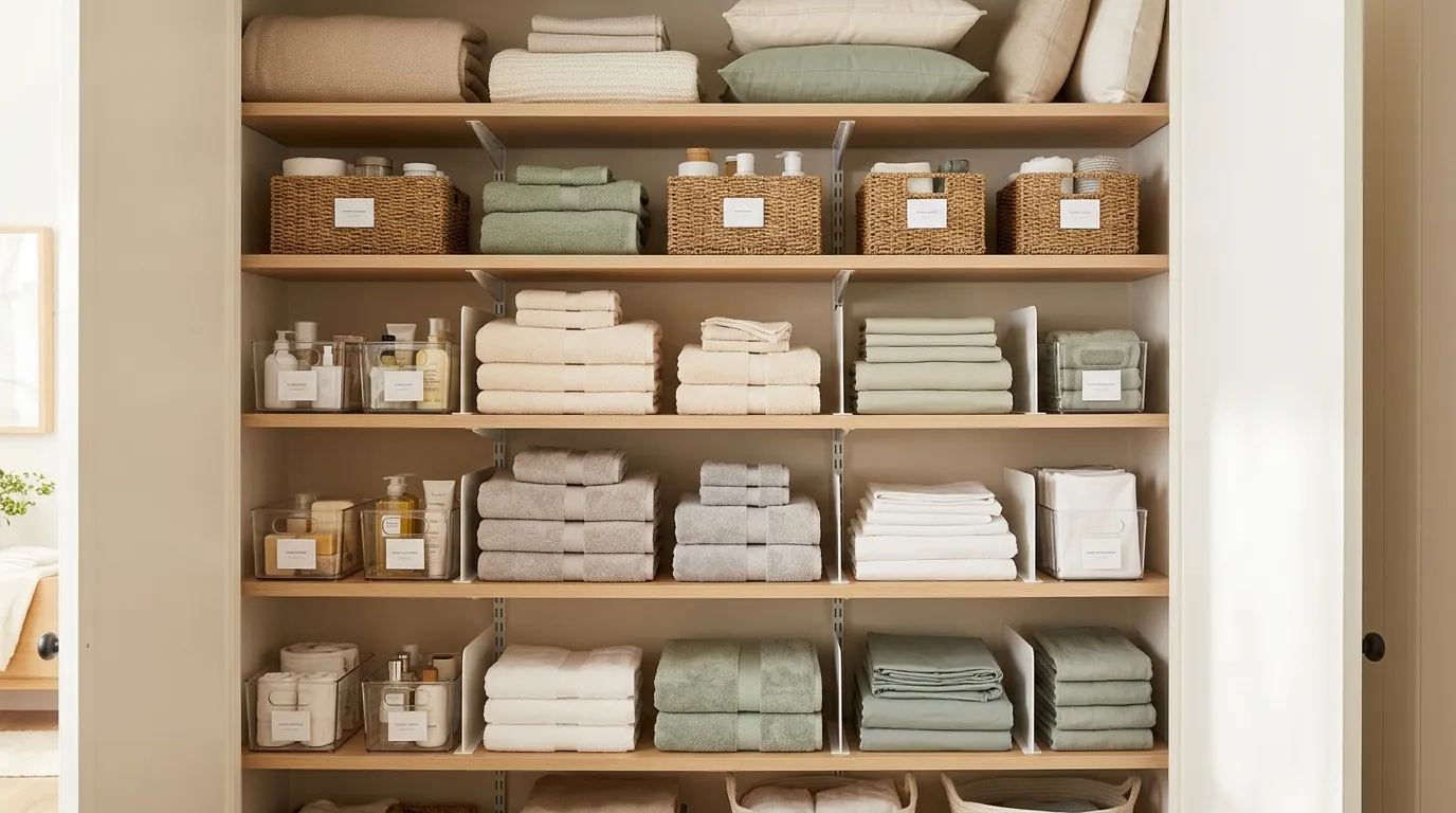 Neatly organized linen closet with rolled towels, labeled bins, and folded sheet sets