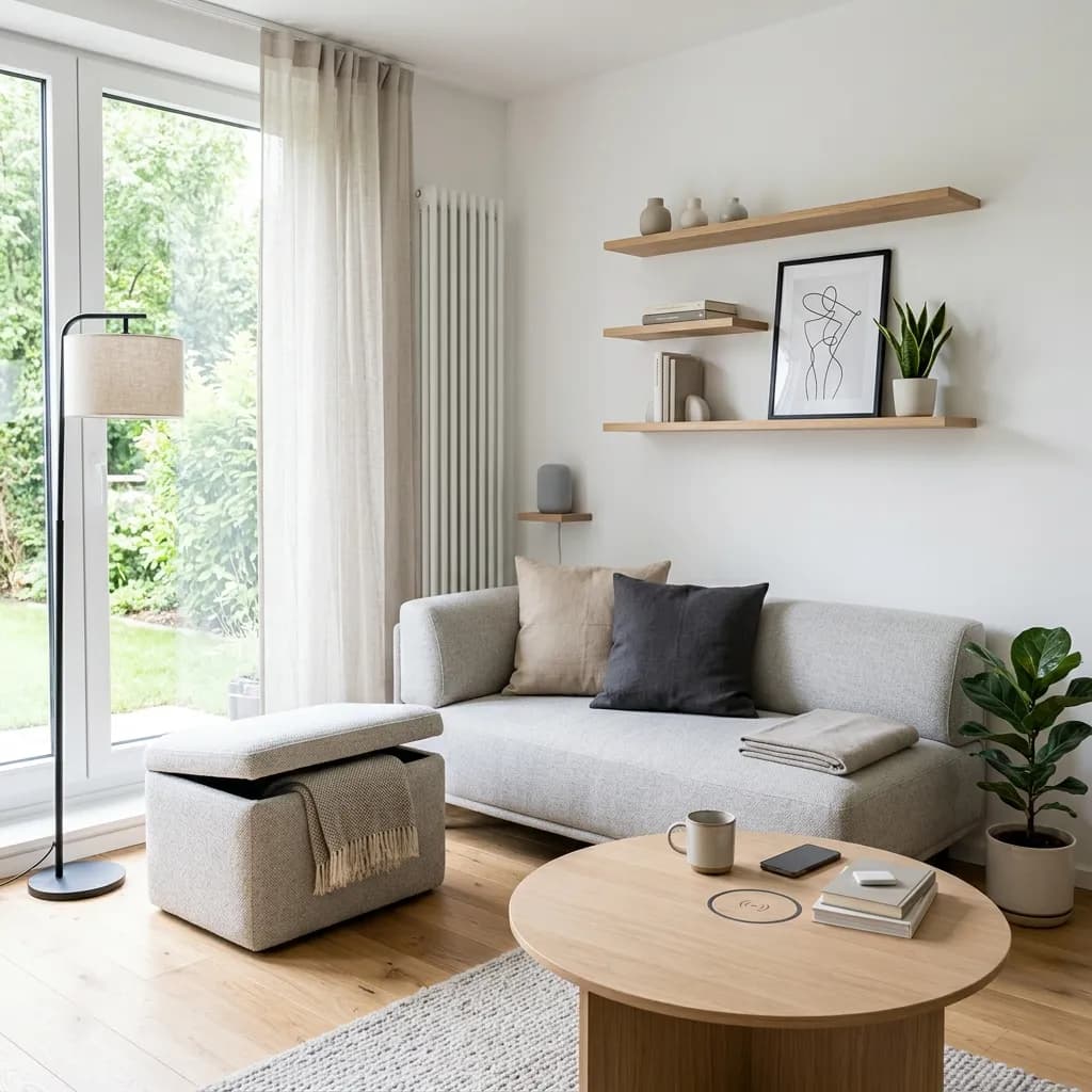 Minimalist small living room with floating shelves and storage ottoman