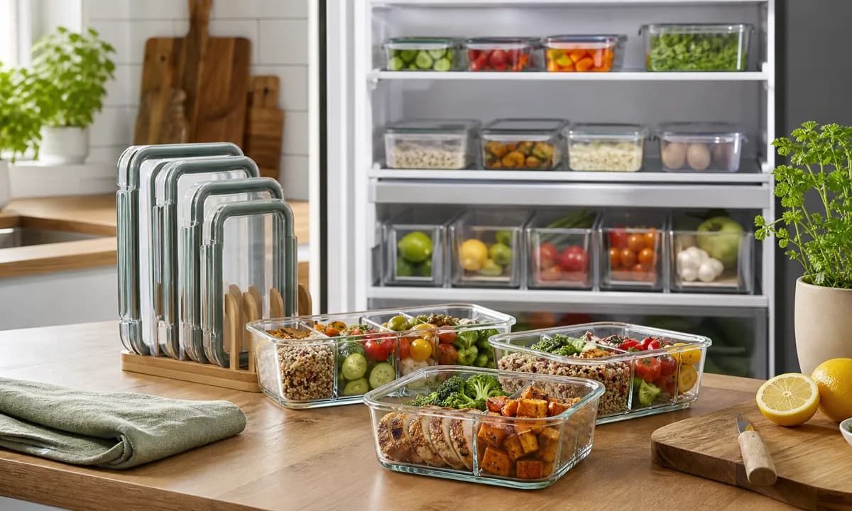 Meal-prep station with standardized containers, vertically filed matching lids, portioned food, and an organized refrigerator shelf