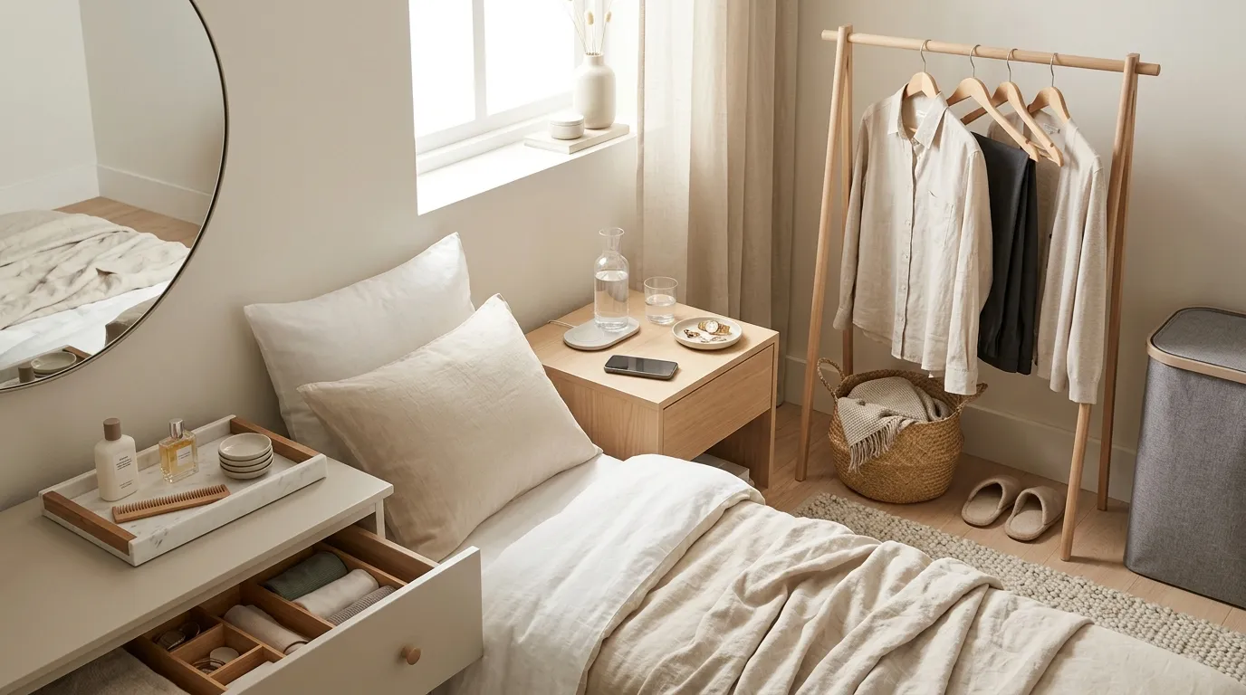 Organized bedroom with outfit ready for tomorrow, packed bag by the door, and tidy nightstand