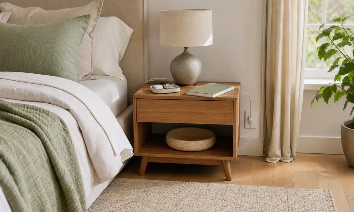 Calm bedside table with lamp, book, small essentials tray, routed charging cable, and clear floor path